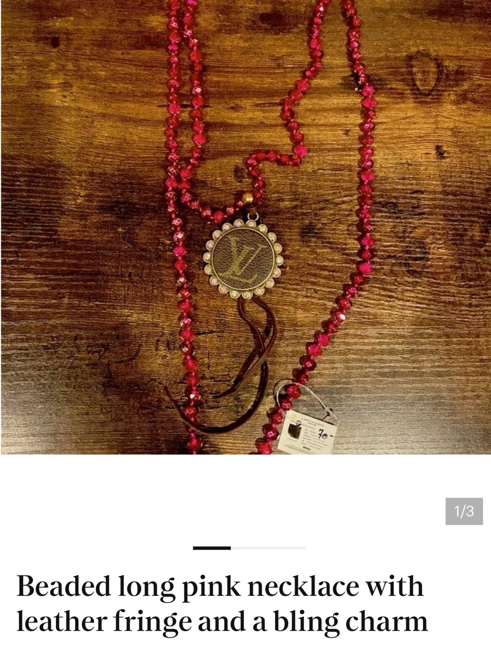 Source Unknown Pink Beaded Long Necklace with Gold Medallion and Leather Fringe